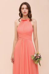 Modest Halter Ruffle Coral Chiffon Affordable Bridesmaid Dress Online-Babyonlines