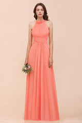 Modest Halter Ruffle Coral Chiffon Affordable Bridesmaid Dress Online-Babyonlines