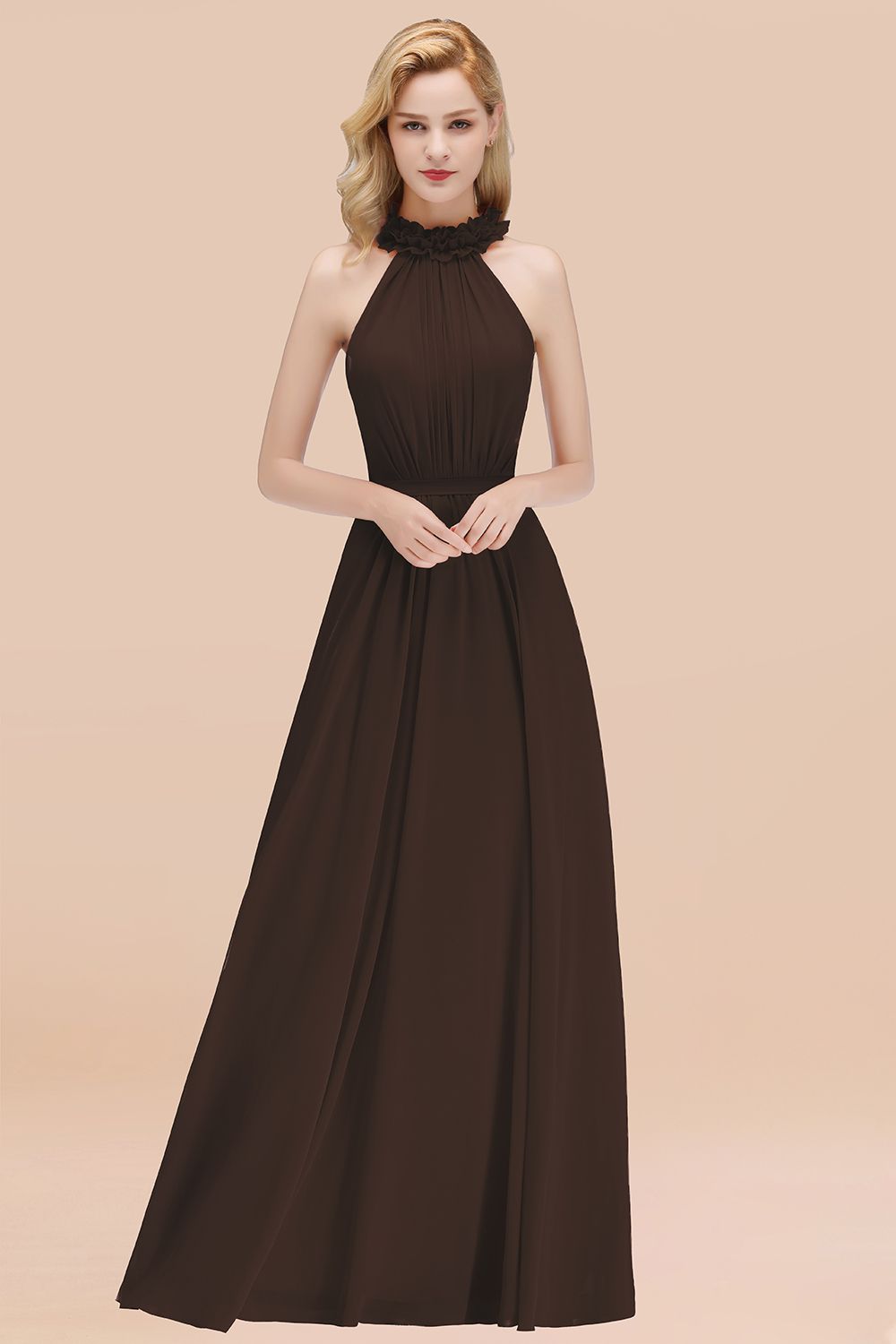 Modest High-Neck Halter Ruffle Chiffon Bridesmaid Dresses Affordable-Babyonlines