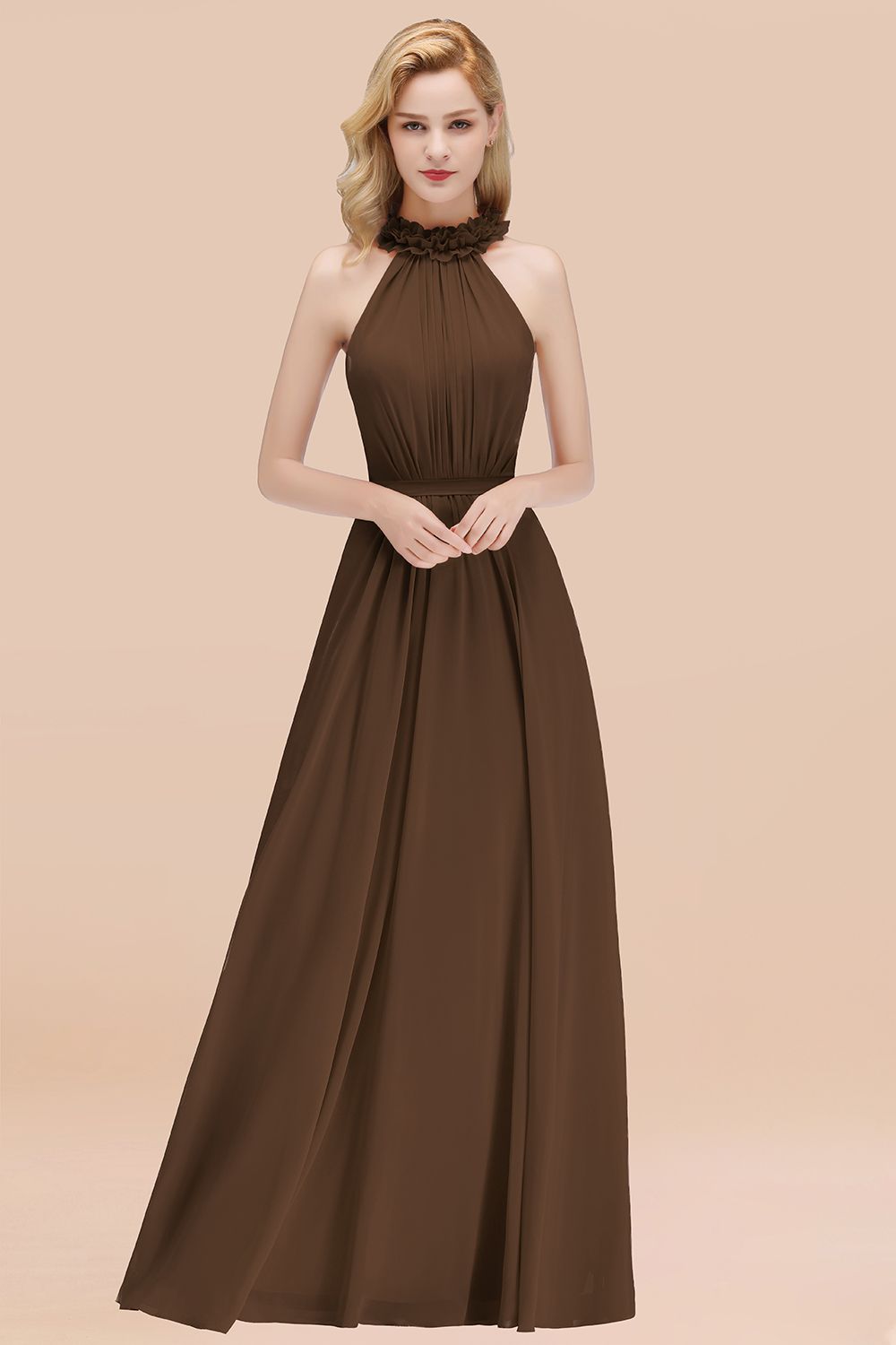 Modest High-Neck Halter Ruffle Chiffon Bridesmaid Dresses Affordable-Babyonlines
