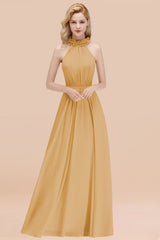 Modest High-Neck Halter Ruffle Chiffon Bridesmaid Dresses Affordable-Babyonlines