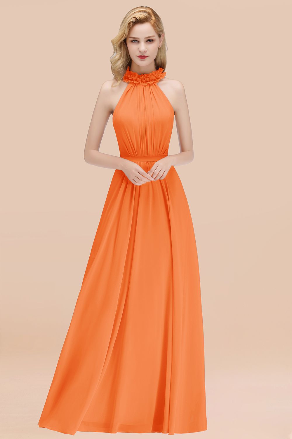 Modest High-Neck Halter Ruffle Chiffon Bridesmaid Dresses Affordable-Babyonlines