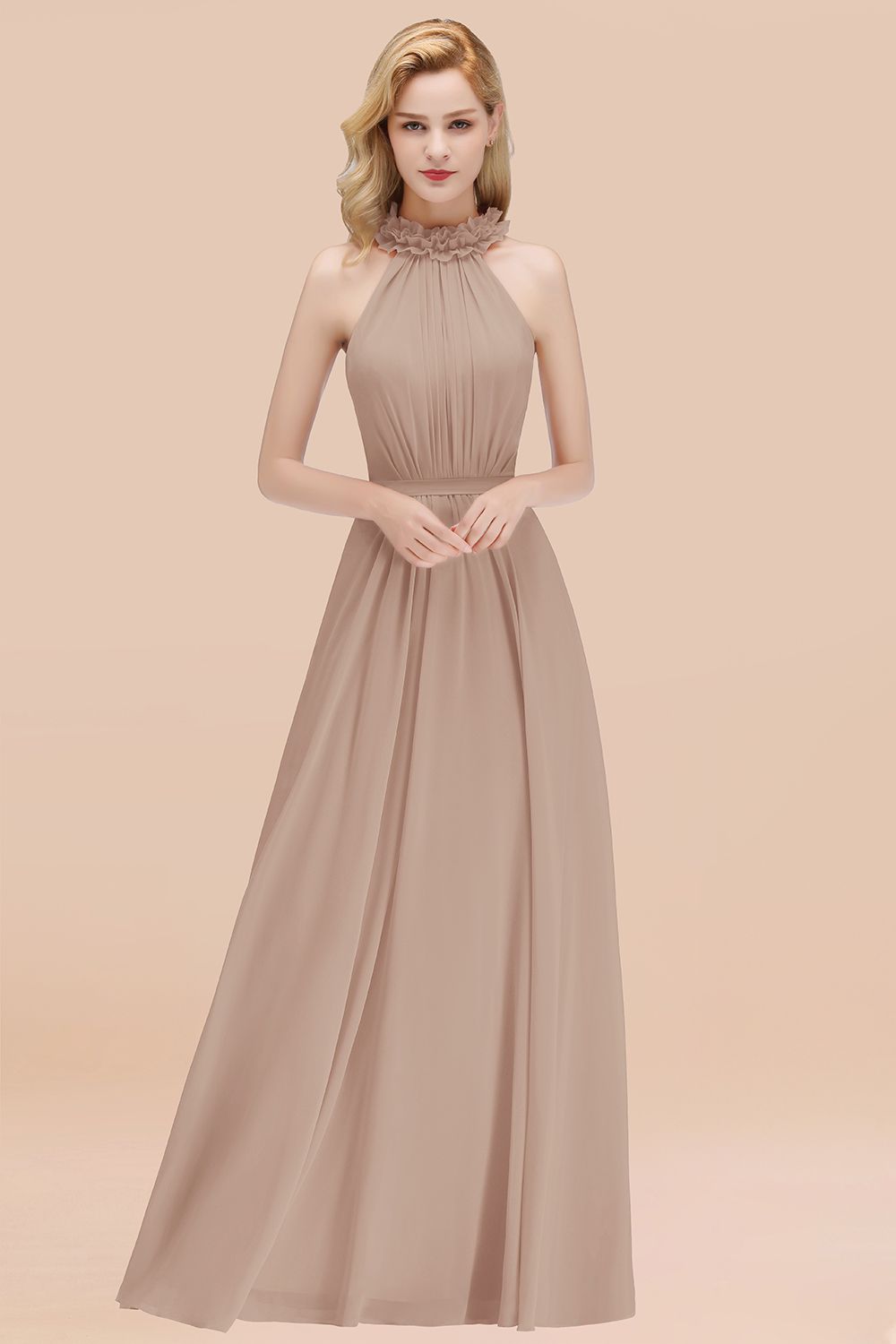 Modest High-Neck Halter Ruffle Chiffon Bridesmaid Dresses Affordable-Babyonlines