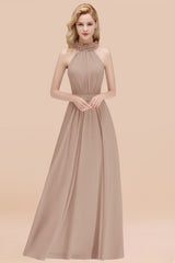 Modest High-Neck Halter Ruffle Chiffon Bridesmaid Dresses Affordable-Babyonlines