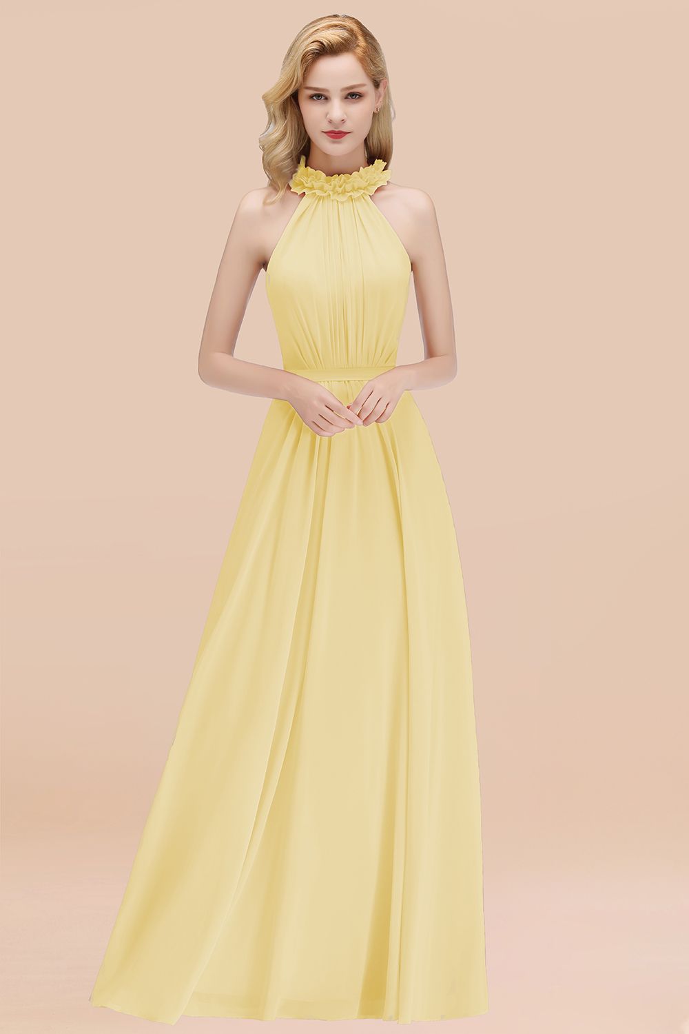 Modest High-Neck Halter Ruffle Chiffon Bridesmaid Dresses Affordable-Babyonlines