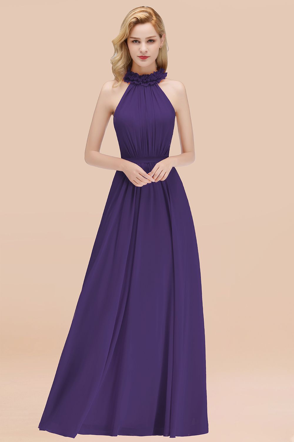 Modest High-Neck Halter Ruffle Chiffon Bridesmaid Dresses Affordable-Babyonlines