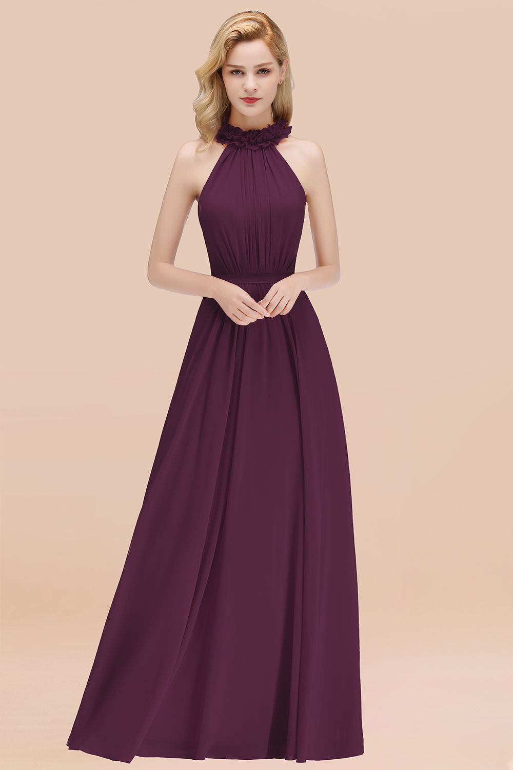 Modest High-Neck Halter Ruffle Chiffon Bridesmaid Dresses Affordable-Babyonlines