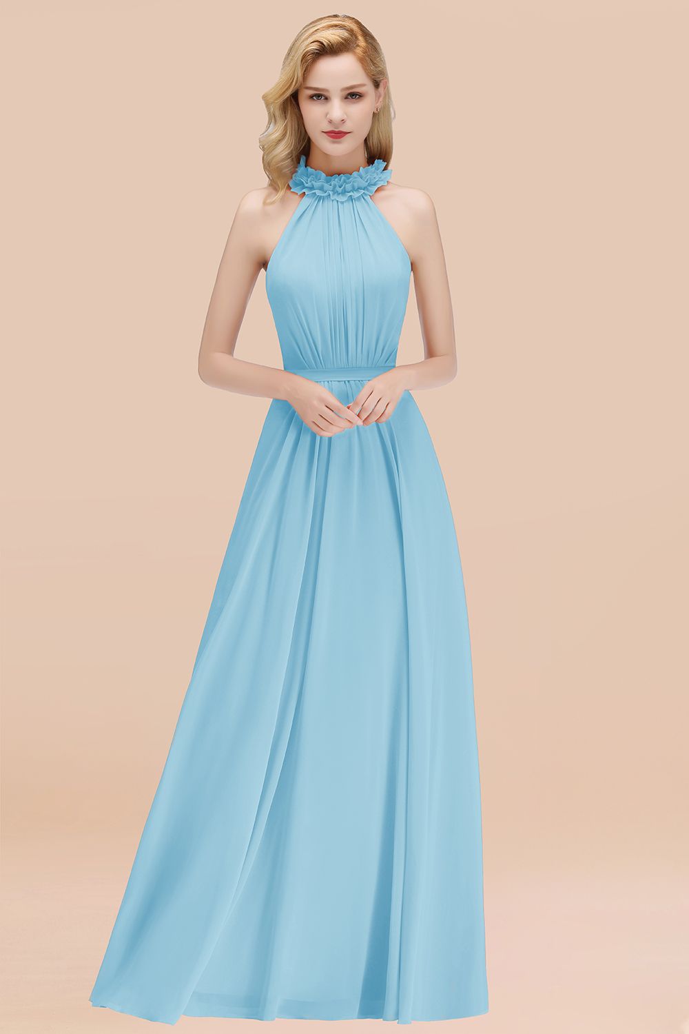 Modest High-Neck Halter Ruffle Chiffon Bridesmaid Dresses Affordable-Babyonlines