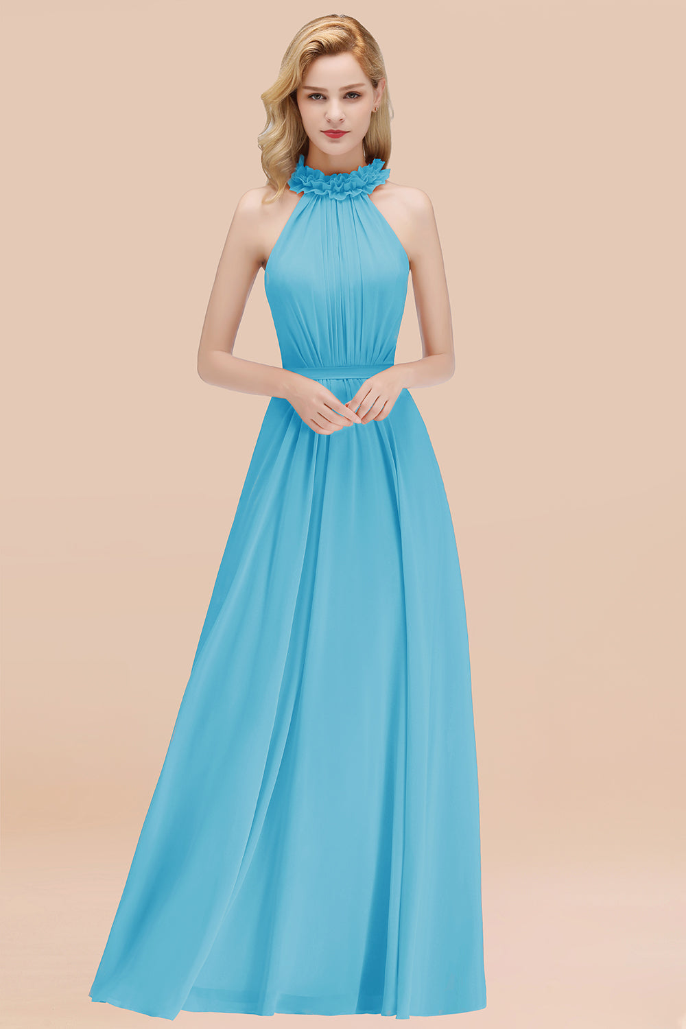 Modest High-Neck Halter Ruffle Chiffon Bridesmaid Dresses Affordable-Babyonlines