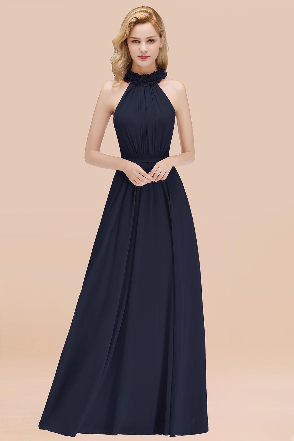 Modest High-Neck Halter Ruffle Chiffon Bridesmaid Dresses Affordable-Babyonlines