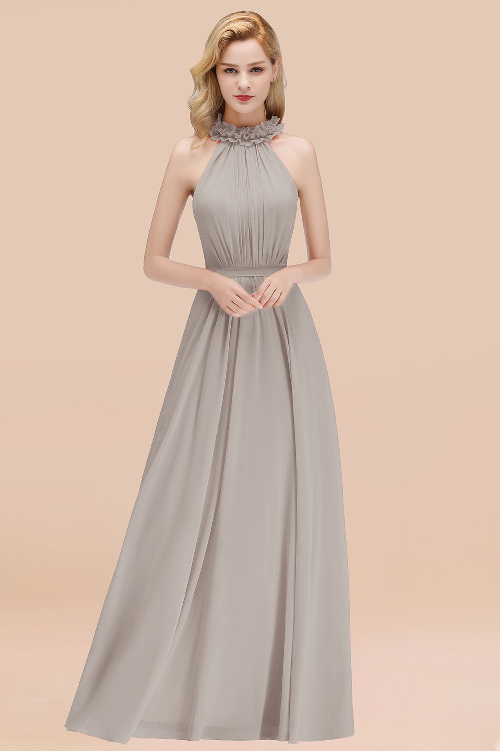 Modest High-Neck Halter Ruffle Chiffon Bridesmaid Dresses Affordable-Babyonlines