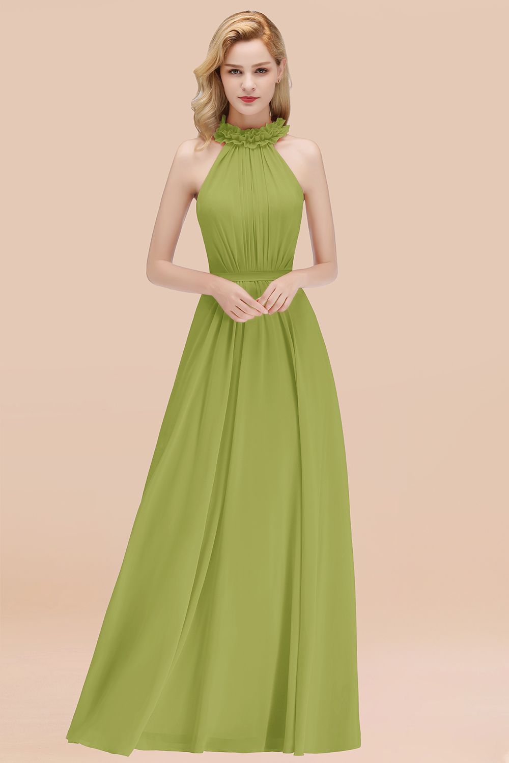 Modest High-Neck Halter Ruffle Chiffon Bridesmaid Dresses Affordable-Babyonlines