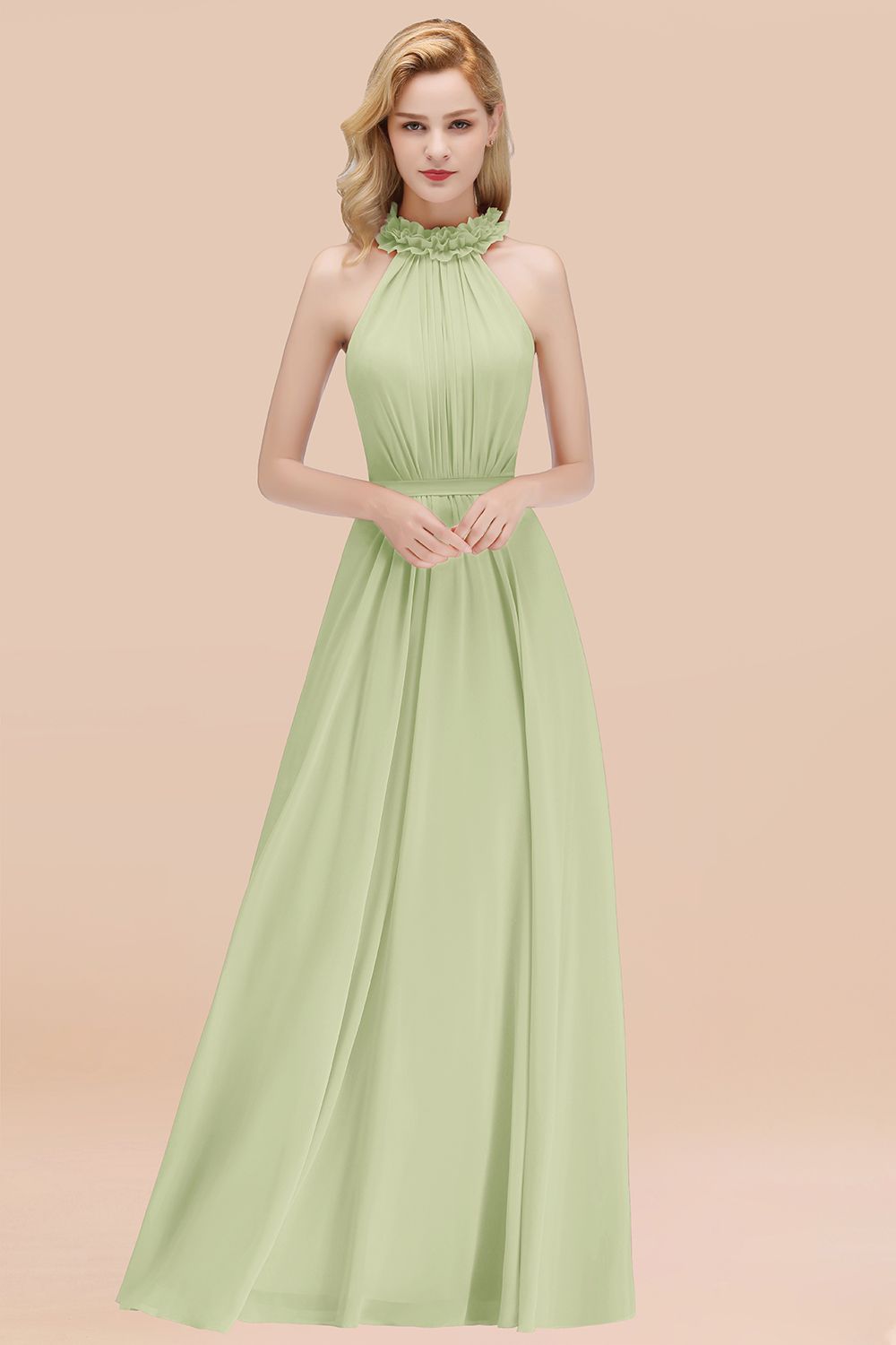 Modest High-Neck Halter Ruffle Chiffon Bridesmaid Dresses Affordable-Babyonlines