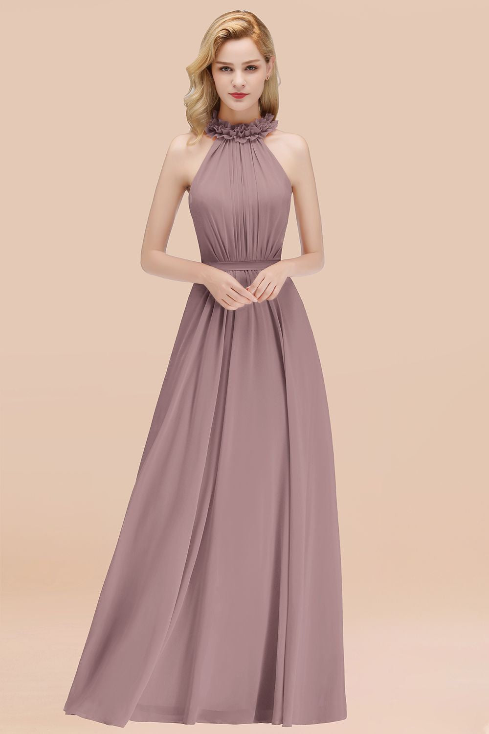 Modest High-Neck Halter Ruffle Chiffon Bridesmaid Dresses Affordable-Babyonlines