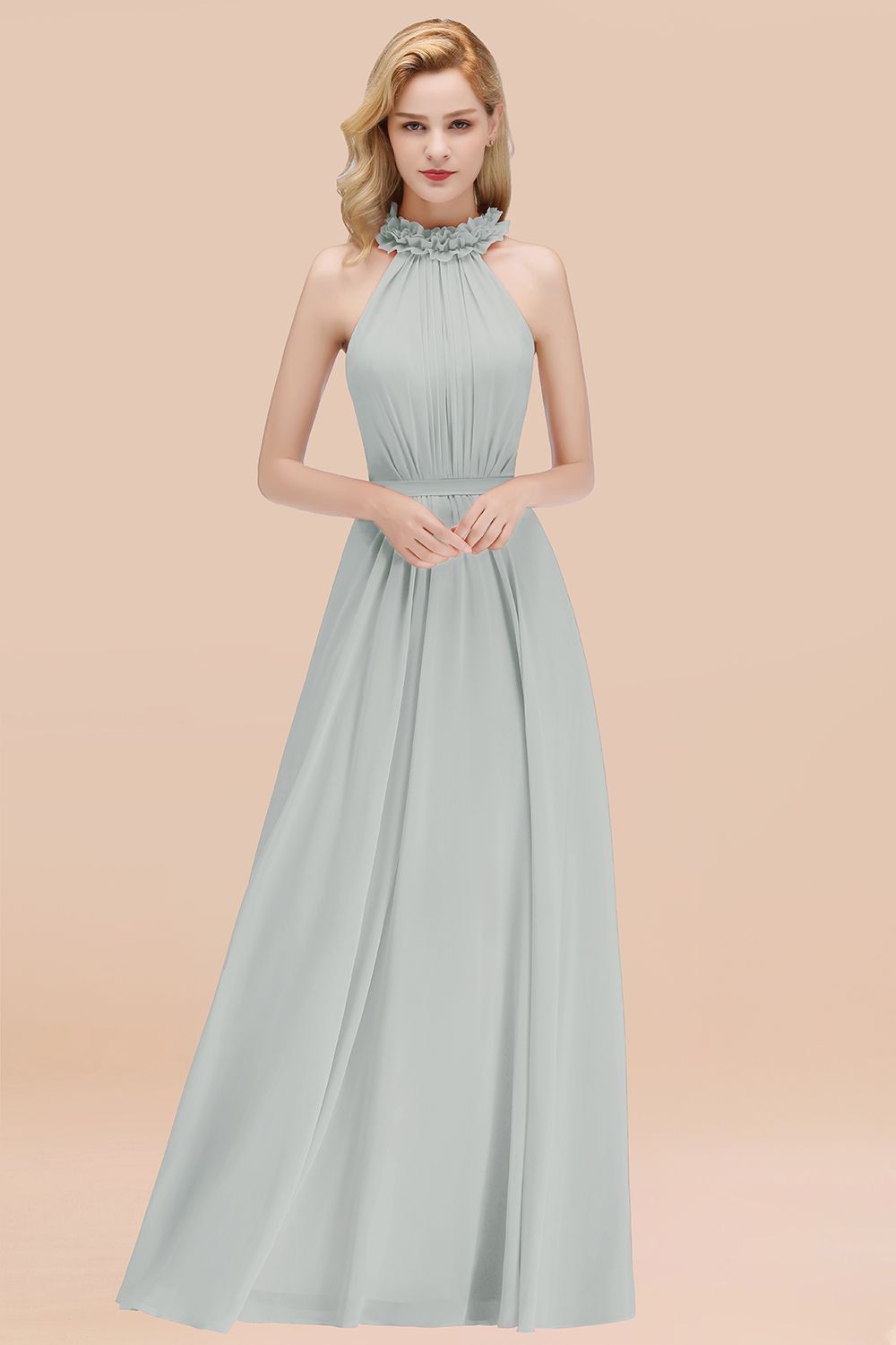 Modest High-Neck Halter Ruffle Chiffon Bridesmaid Dresses Affordable-Babyonlines