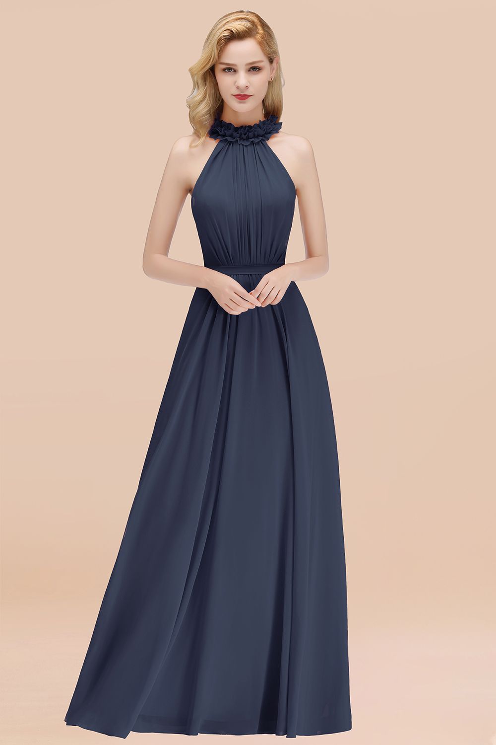 Modest High-Neck Halter Ruffle Chiffon Bridesmaid Dresses Affordable-Babyonlines