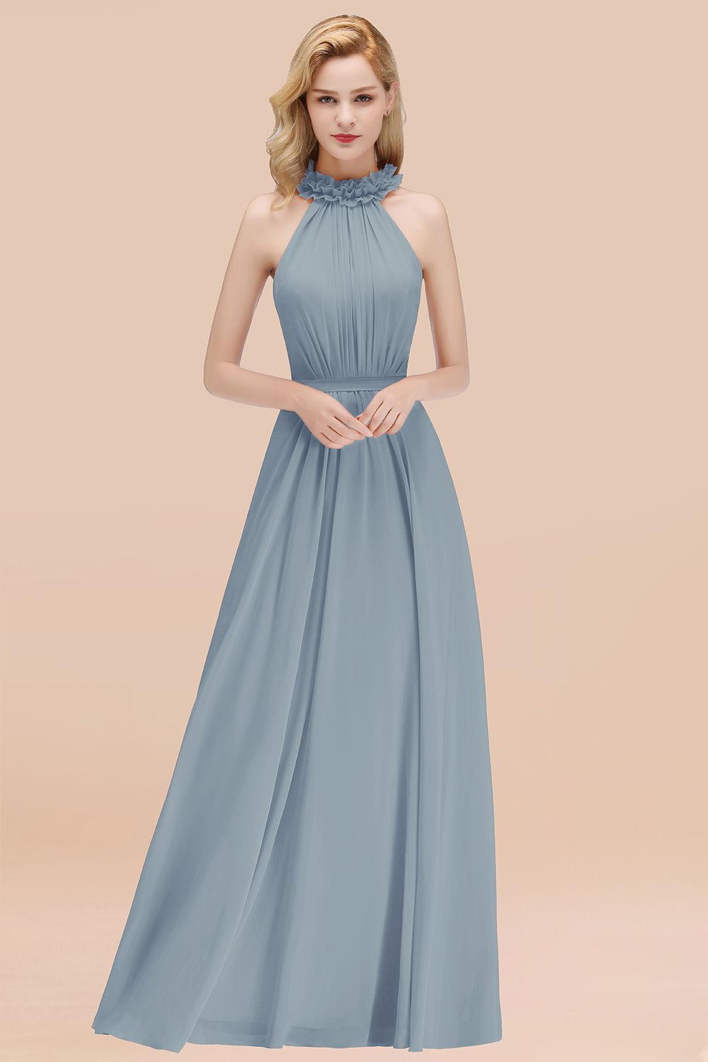 Modest High-Neck Halter Ruffle Chiffon Bridesmaid Dresses Affordable-Babyonlines