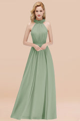 Modest High-Neck Halter Ruffle Chiffon Bridesmaid Dresses Affordable-Babyonlines