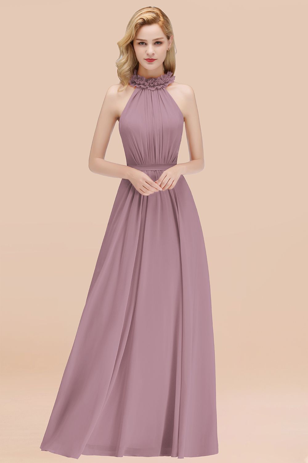 Modest High-Neck Halter Ruffle Chiffon Bridesmaid Dresses Affordable-Babyonlines