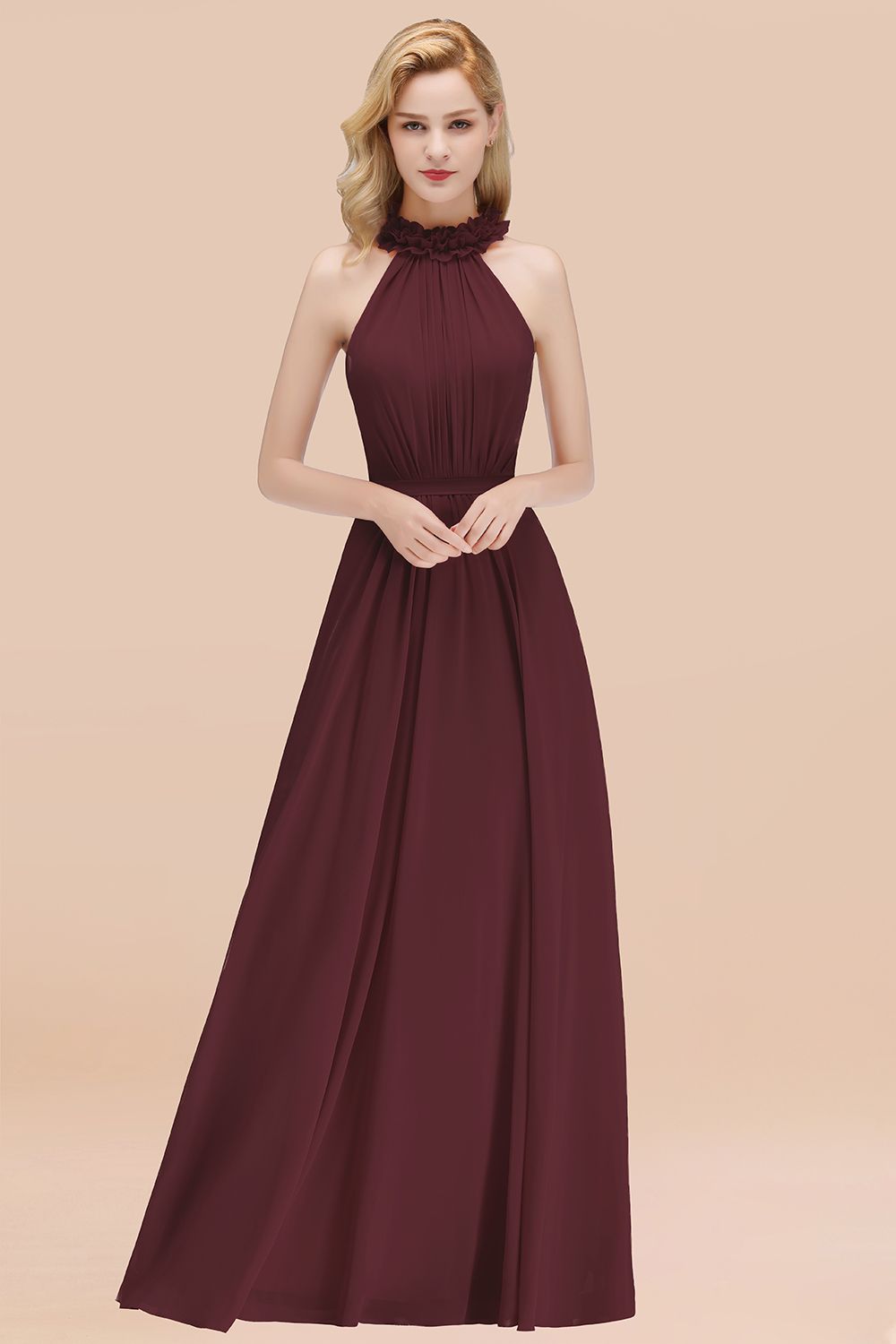 Modest High-Neck Halter Ruffle Chiffon Bridesmaid Dresses Affordable-Babyonlines