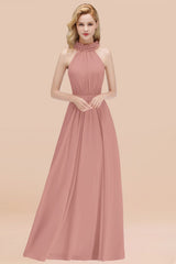 Modest High-Neck Halter Ruffle Chiffon Bridesmaid Dresses Affordable-Babyonlines