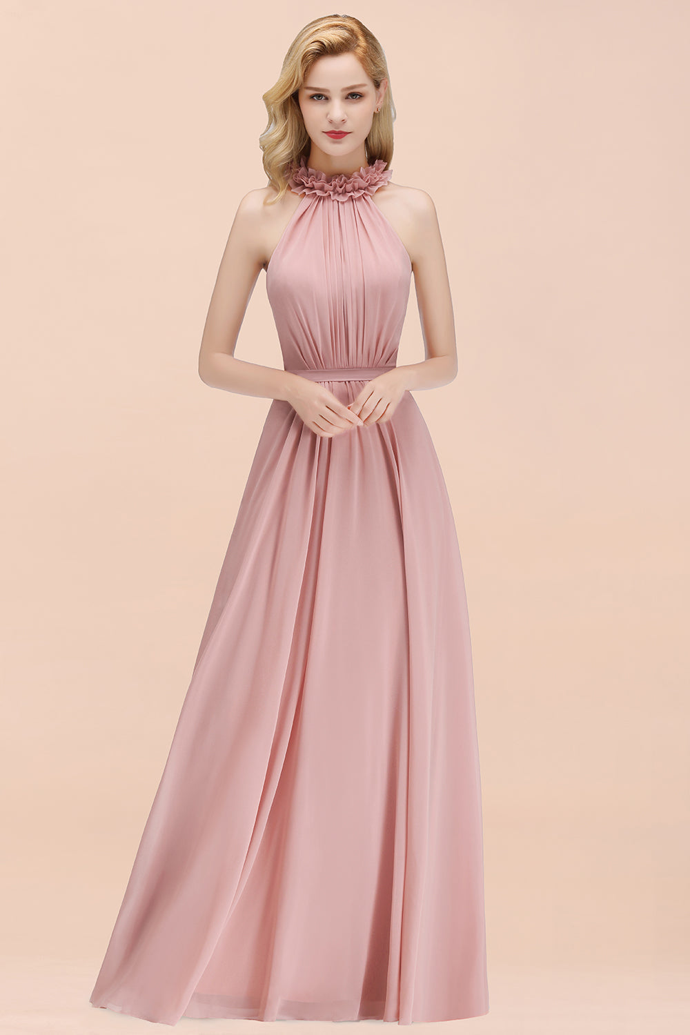 Modest High-Neck Halter Ruffle Chiffon Bridesmaid Dresses Affordable-Babyonlines
