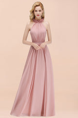Modest High-Neck Halter Ruffle Chiffon Bridesmaid Dresses Affordable-Babyonlines