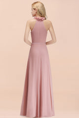 Modest High-Neck Halter Ruffle Chiffon Bridesmaid Dresses Affordable-Babyonlines
