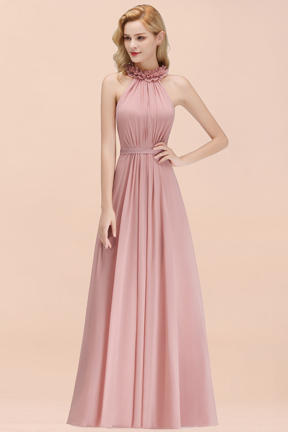Modest High-Neck Halter Ruffle Chiffon Bridesmaid Dresses Affordable-Babyonlines
