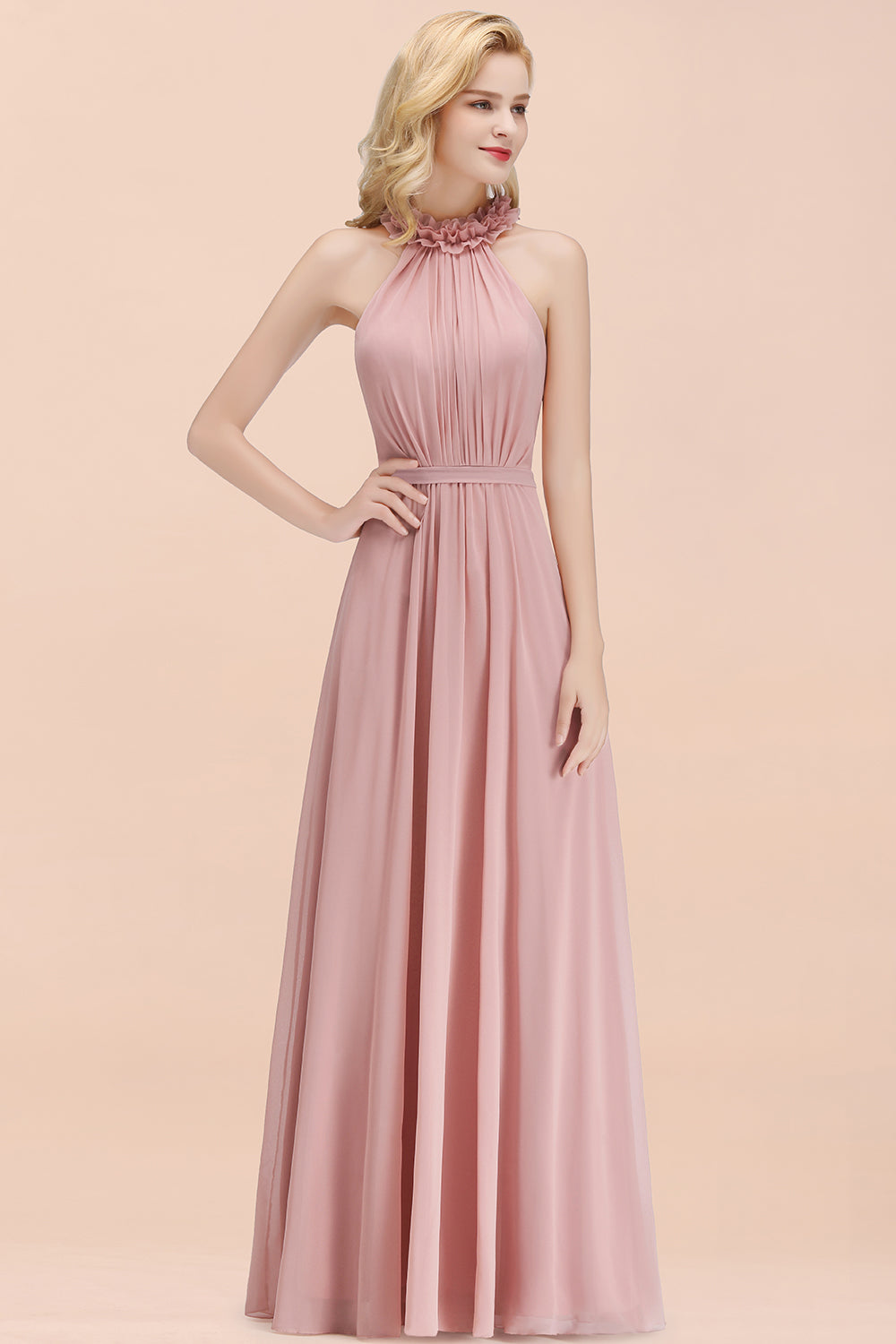 Modest High-Neck Halter Ruffle Chiffon Bridesmaid Dresses Affordable-Babyonlines