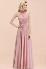 Modest High-Neck Halter Ruffle Chiffon Bridesmaid Dresses Affordable-Babyonlines