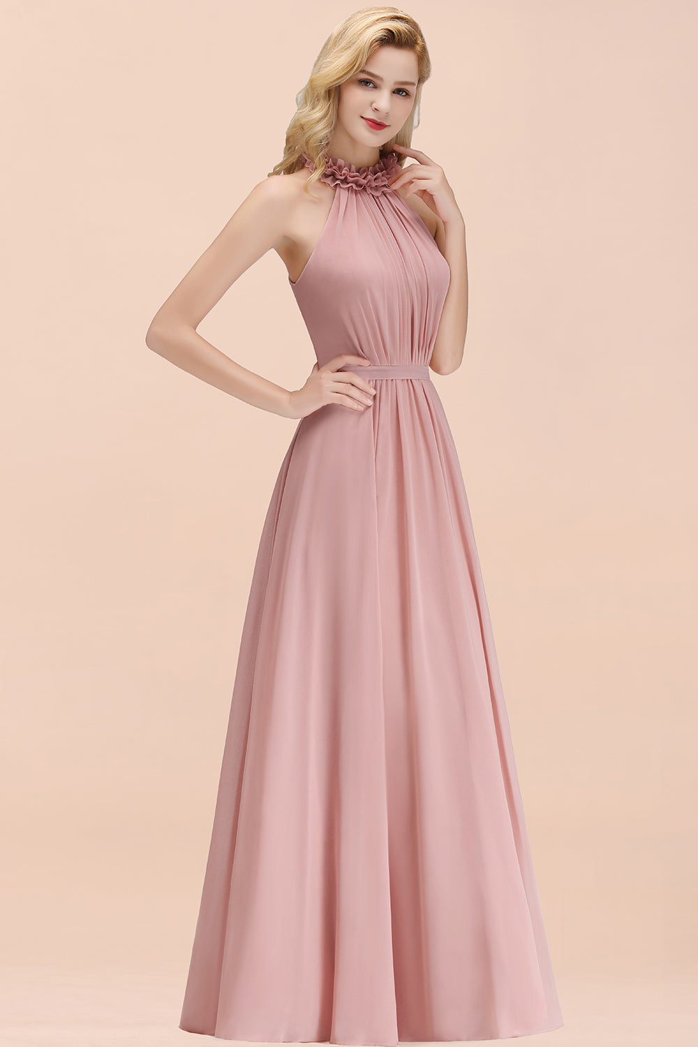 Modest High-Neck Halter Ruffle Chiffon Bridesmaid Dresses Affordable-Babyonlines