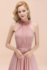 Modest High-Neck Halter Ruffle Chiffon Bridesmaid Dresses Affordable-Babyonlines