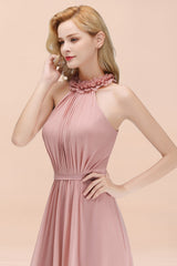 Modest High-Neck Halter Ruffle Chiffon Bridesmaid Dresses Affordable-Babyonlines