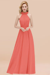 Modest High-Neck Halter Ruffle Chiffon Bridesmaid Dresses Affordable-Babyonlines