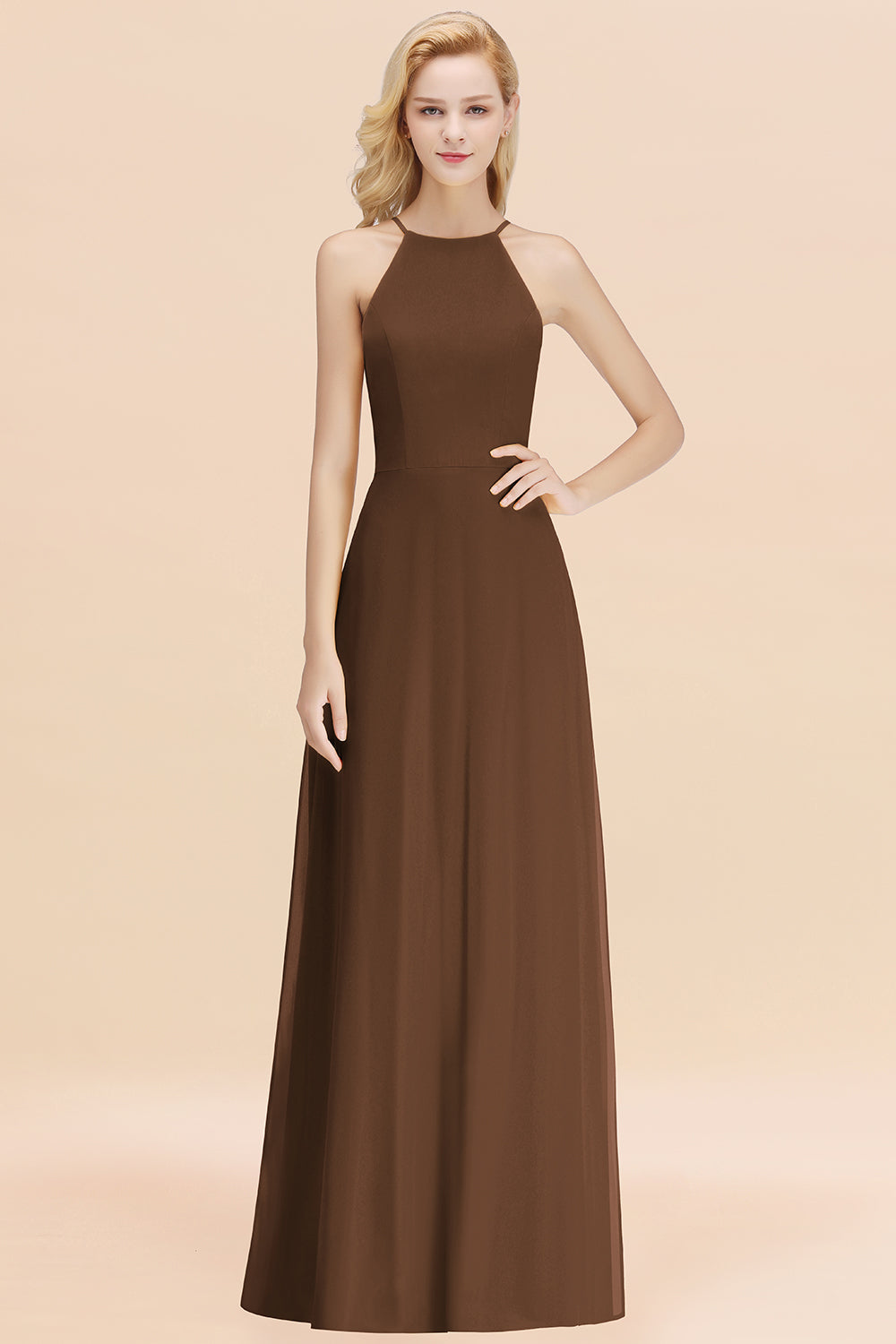 Modest High-Neck Yellow Chiffon Affordable Bridesmaid Dresses Online-Babyonlines