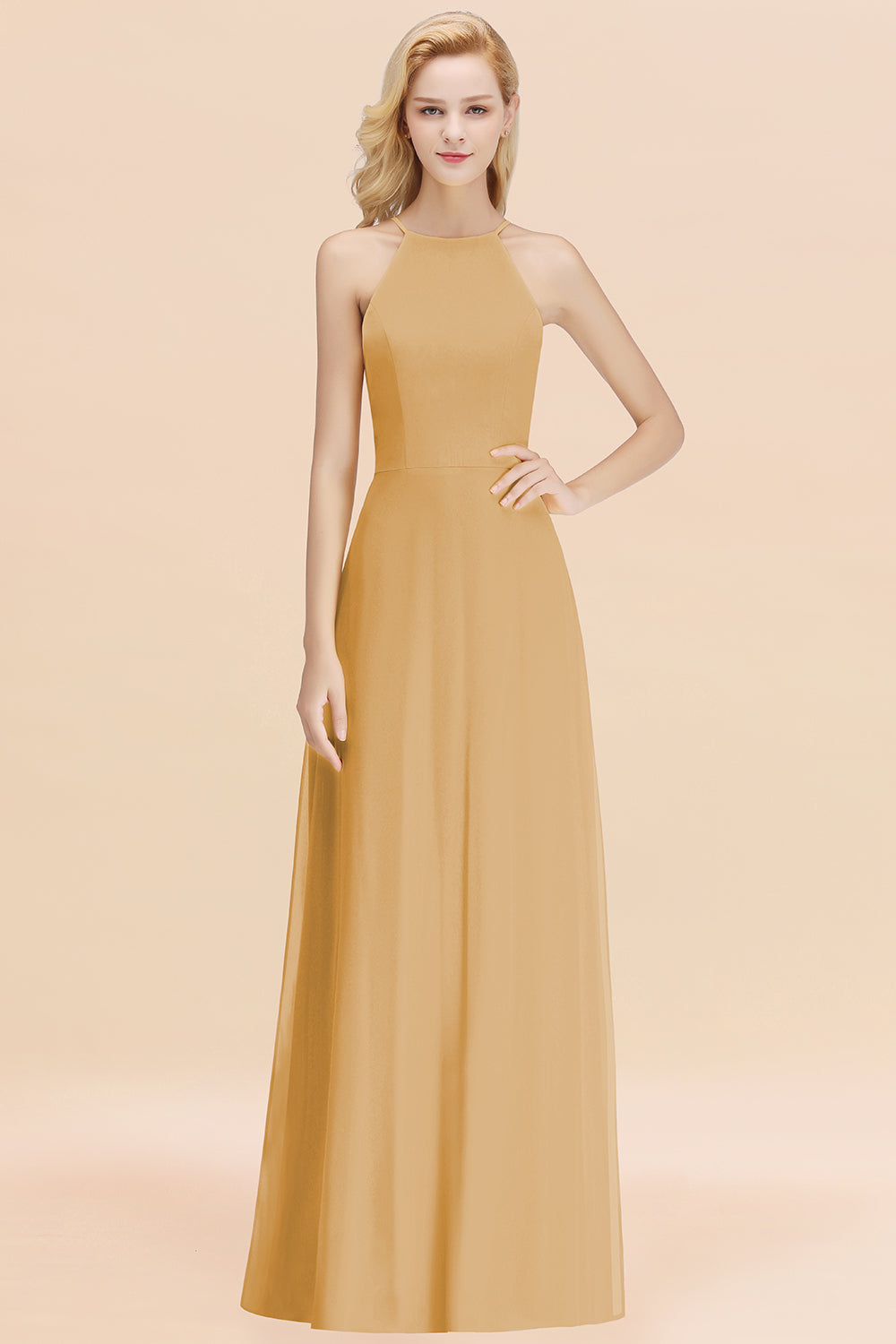 Modest High-Neck Yellow Chiffon Affordable Bridesmaid Dresses Online-Babyonlines