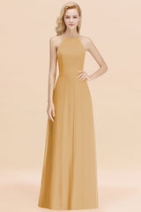Modest High-Neck Yellow Chiffon Affordable Bridesmaid Dresses Online-Babyonlines