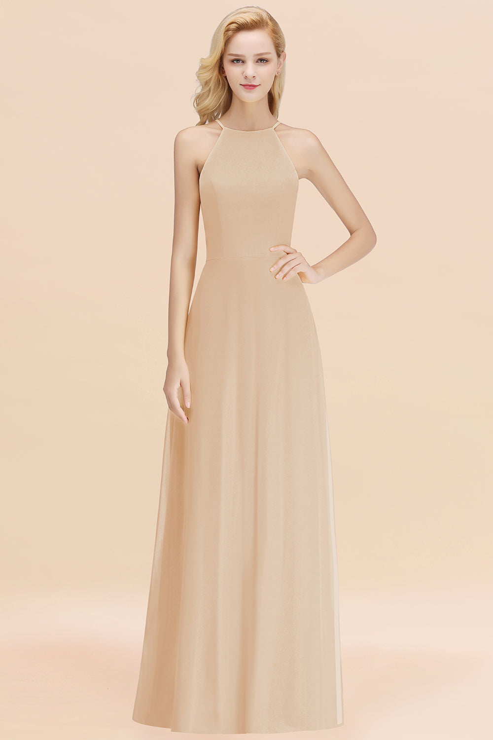 Modest High-Neck Yellow Chiffon Affordable Bridesmaid Dresses Online-Babyonlines