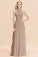 Modest High-Neck Yellow Chiffon Affordable Bridesmaid Dresses Online-Babyonlines