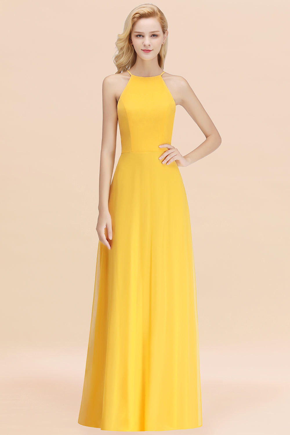 Modest High-Neck Yellow Chiffon Affordable Bridesmaid Dresses Online-Babyonlines