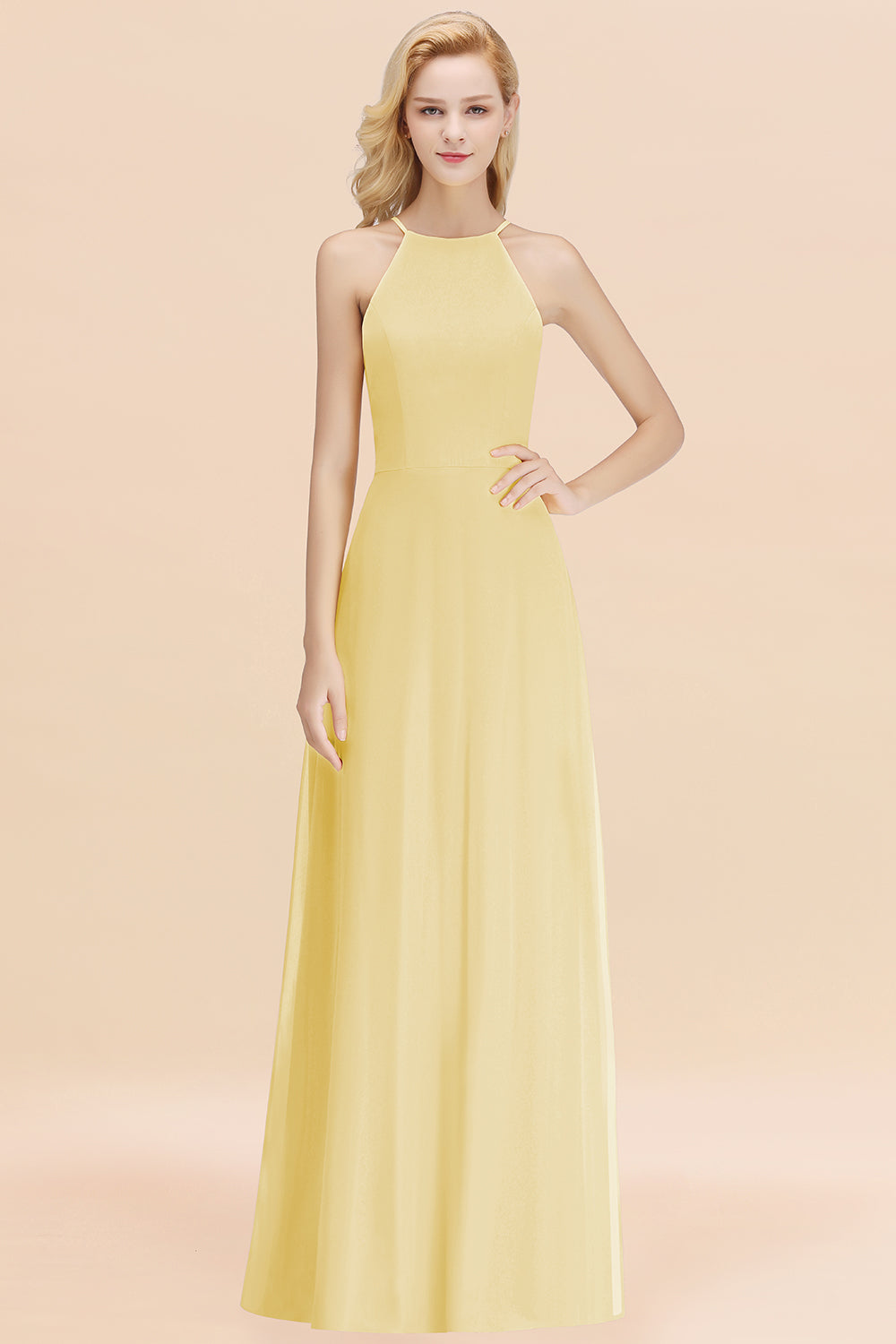 Modest High-Neck Yellow Chiffon Affordable Bridesmaid Dresses Online-Babyonlines