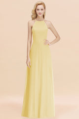 Modest High-Neck Yellow Chiffon Affordable Bridesmaid Dresses Online-Babyonlines