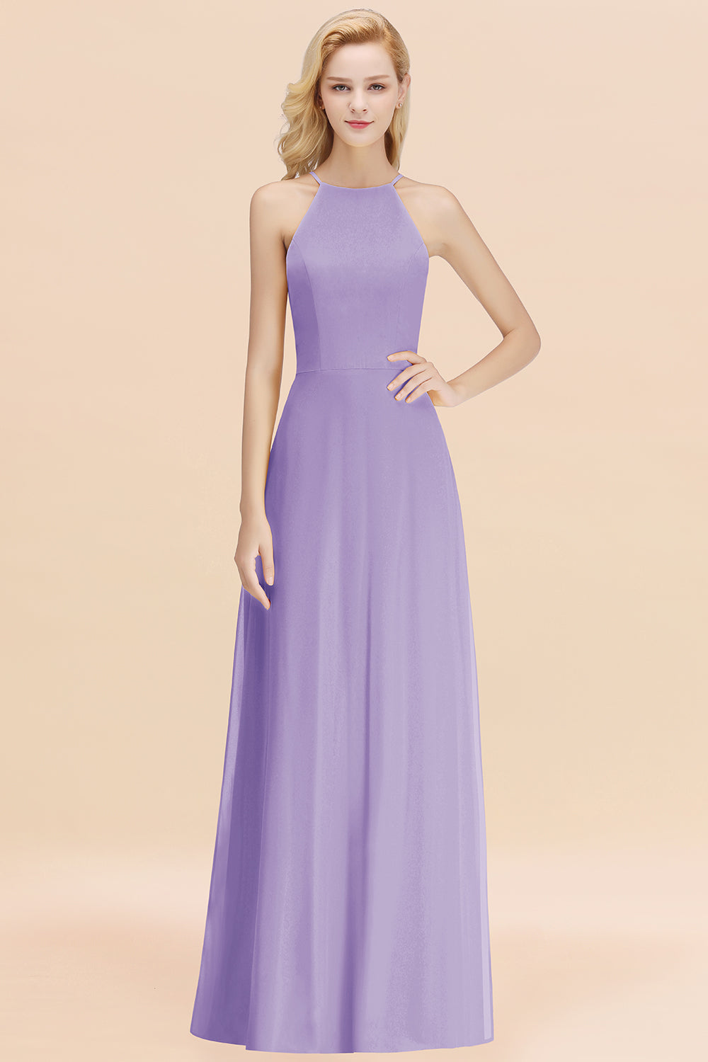 Modest High-Neck Yellow Chiffon Affordable Bridesmaid Dresses Online-Babyonlines