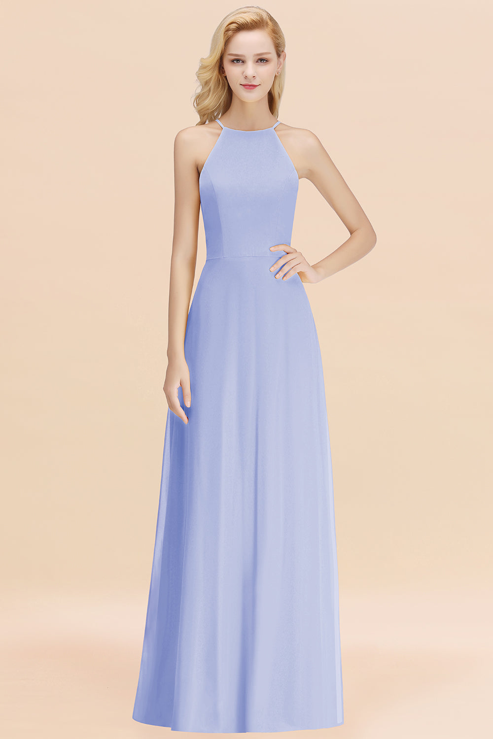 Modest High-Neck Yellow Chiffon Affordable Bridesmaid Dresses Online-Babyonlines
