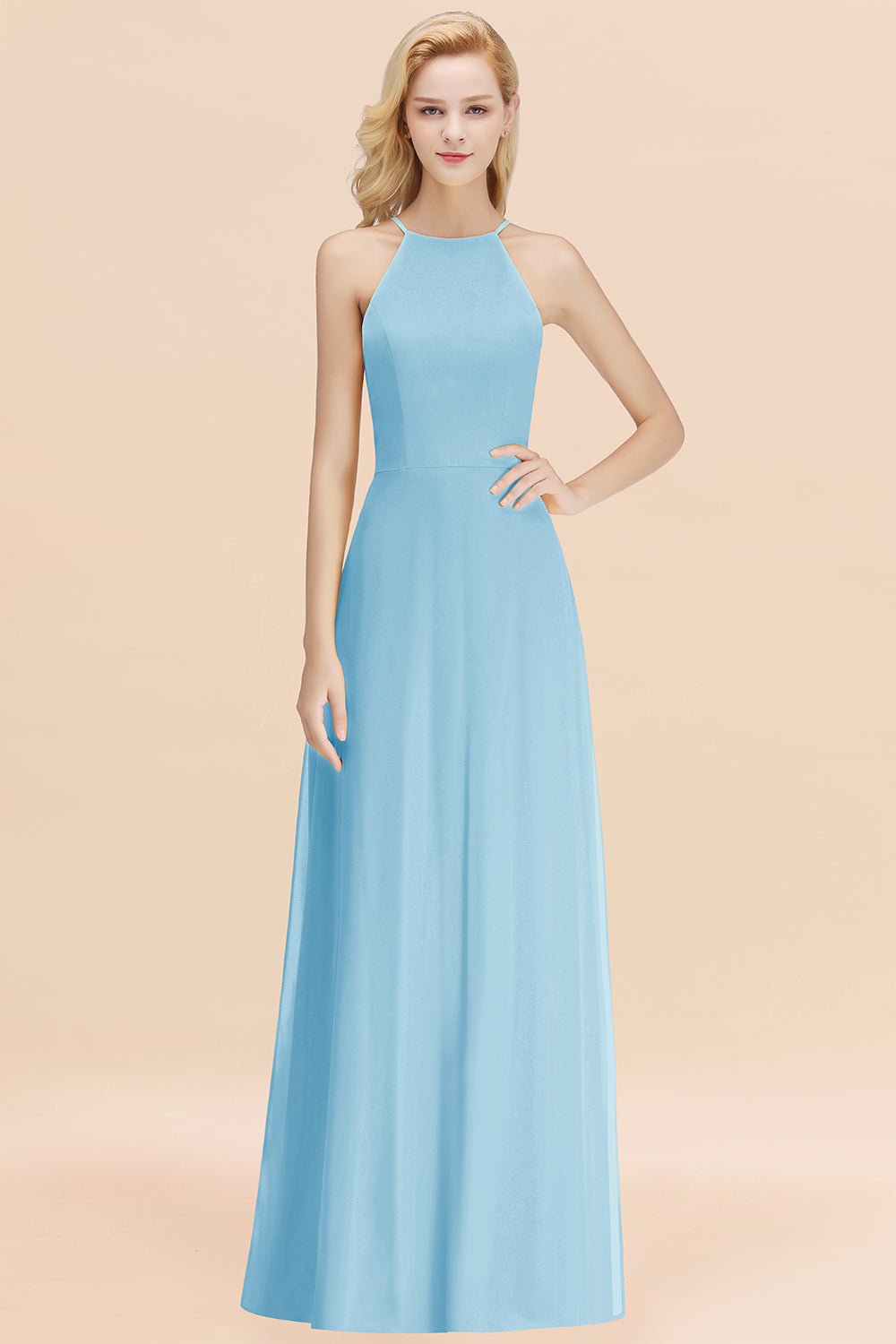 Modest High-Neck Yellow Chiffon Affordable Bridesmaid Dresses Online-Babyonlines