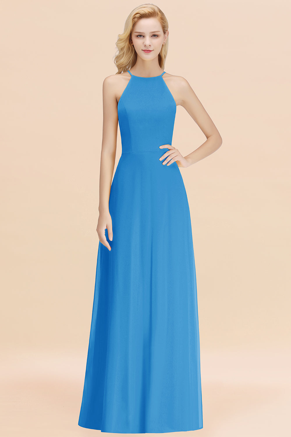 Modest High-Neck Yellow Chiffon Affordable Bridesmaid Dresses Online-Babyonlines