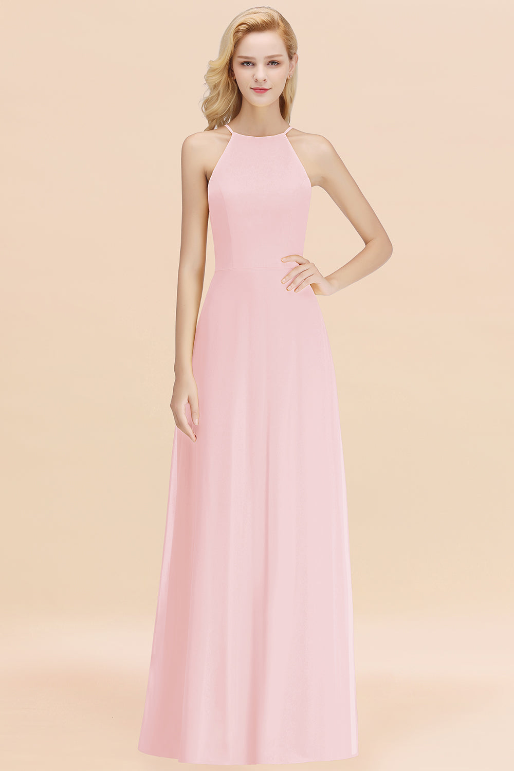 Modest High-Neck Yellow Chiffon Affordable Bridesmaid Dresses Online-Babyonlines