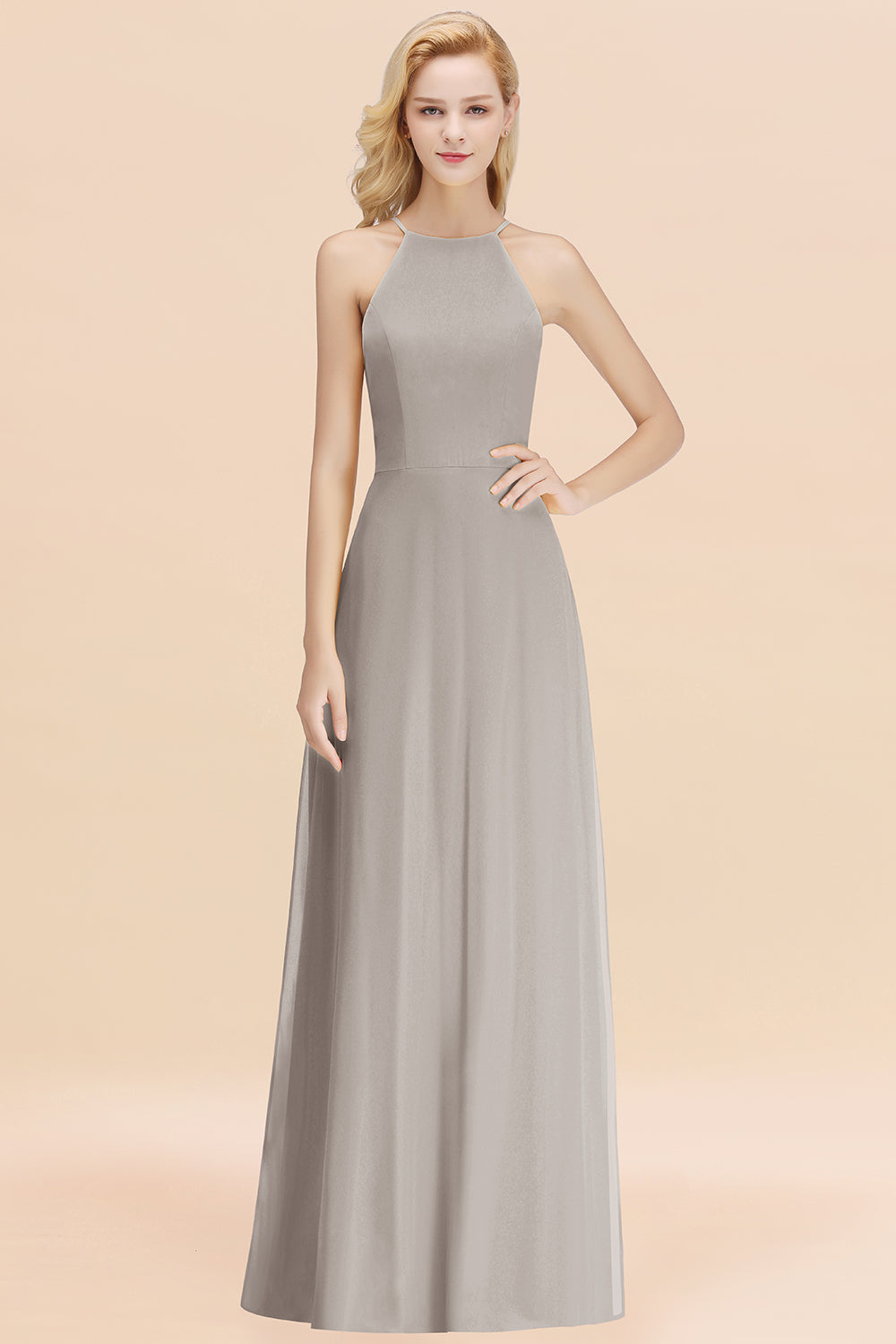 Modest High-Neck Yellow Chiffon Affordable Bridesmaid Dresses Online-Babyonlines