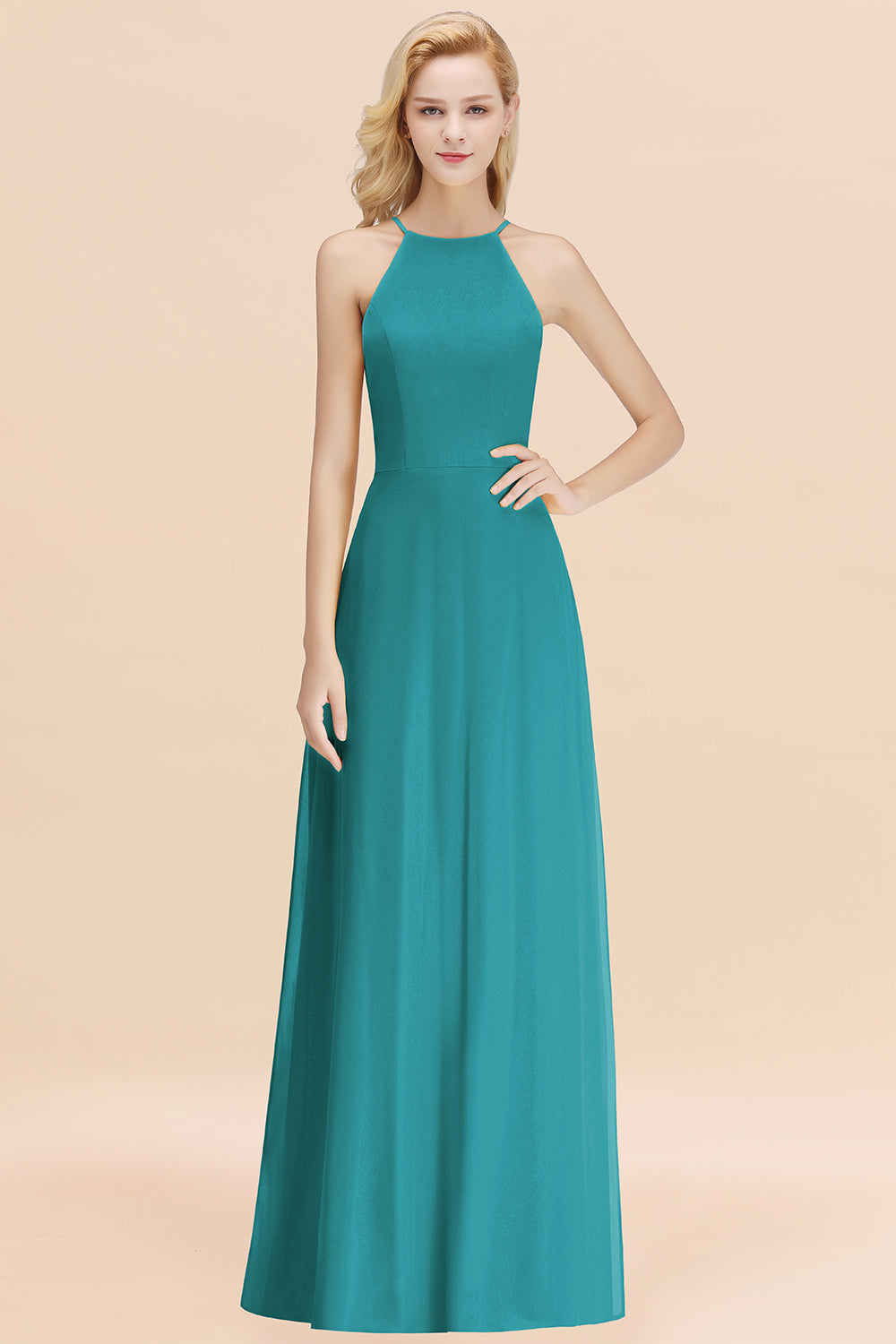 Modest High-Neck Yellow Chiffon Affordable Bridesmaid Dresses Online-Babyonlines